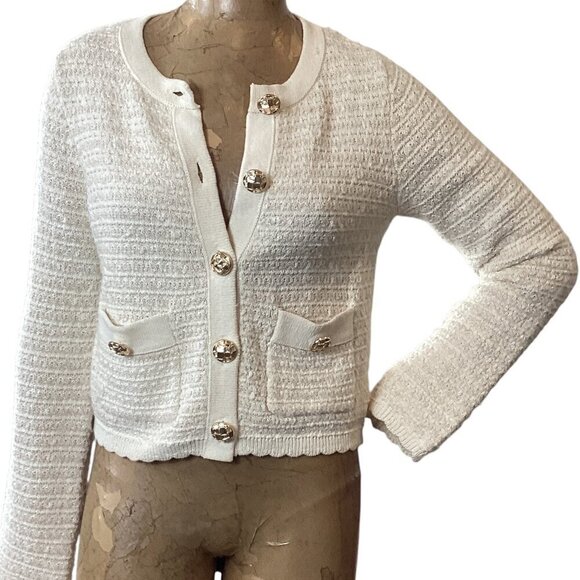 Jessica Simpson Cream & Gold Cropped Lady Cardigan Sz M #325C - Picture 3 of 10